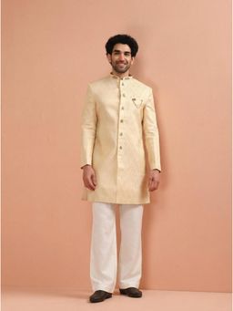 KISAH - Men's Cream Silk Blend Jacquard Sherwani with Straight Leg Trouser