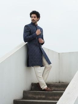KISAH - Men's Blue Printed Sherwani with Trouser