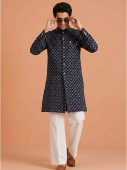 KISAH - Men's Navy Blue Pure Cotton Printed Sherwani with Straight Leg Trouser