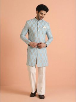KISAH - Men's Sky Blue Pure Cotton Printed Sherwani with Straight Leg Trouser