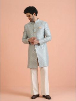 KISAH - Men's Blue Silk Blend Jacquard Sherwani with Straight Leg Trouser
