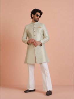 KISAH - Men's Cream Silk Blend Jacquard Sherwani with Straight Leg Trouser