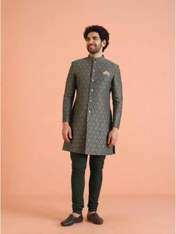 KISAH - Men's Sage Green Silk Blend Jacquard Sherwani with Churidar