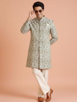 KISAH - Men's Olive Jacquard Sherwani with Trouser