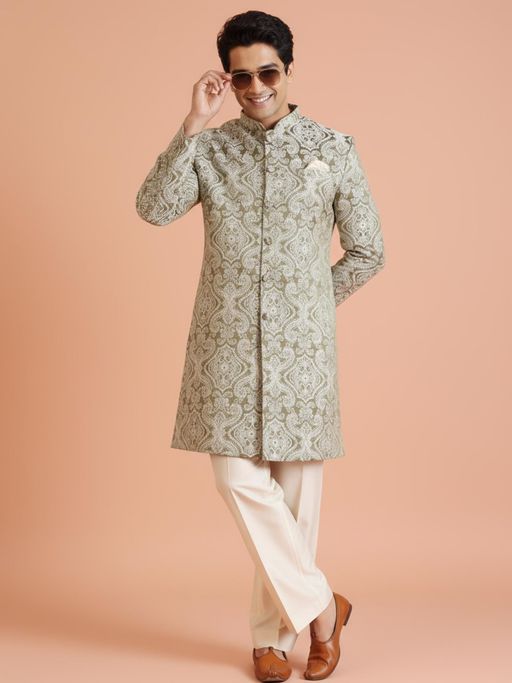 KISAH Men's Olive Jacquard Sherwani with Trouser