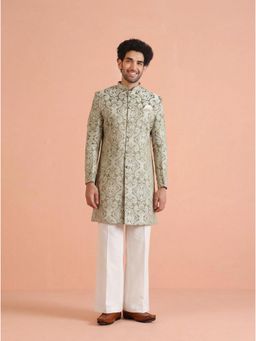 KISAH - Men's Olive Silk Blend Jacquard Sherwani with Straight Leg Trouser