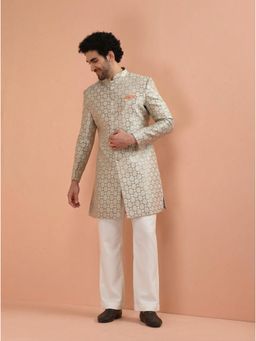 KISAH - Men's Grey Silk Blend Self Design Sherwani with Straight Leg Trouser