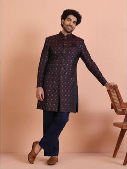 KISAH - Men's Wine Silk Blend Jacquard Sherwani with Straight Leg Trouser