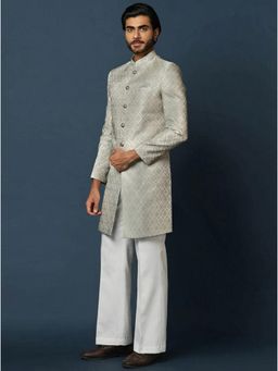 KISAH - Men's Grey Silk Blend Jacquard Sherwani with Straight Leg Trouser