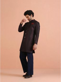 KISAH - Men's Maroon Silk Blend Jacquard Sherwani with Straight Leg Trouser