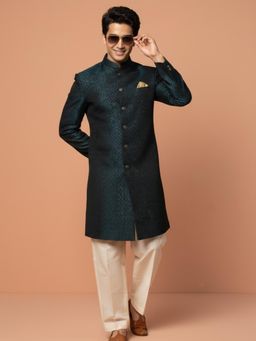 KISAH - Men's Navy Blue Jacquard Sherwani with Trouser