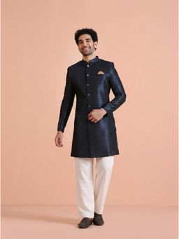 KISAH - Men's Navy Blue Silk Blend Jacquard Sherwani with Straight Leg Trouser