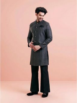 KISAH - Men's Black Silk Blend Printed Sherwani with Straight Leg Trouser