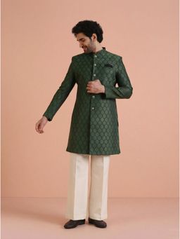 KISAH - Men's Bottle Green Silk Blend Self Design Sherwani with Straight Leg Trouser