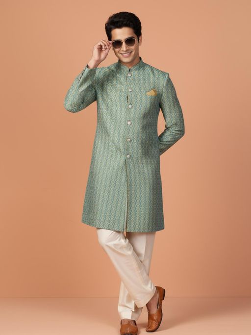KISAH Men's Green Jacquard Sherwani with Trouser