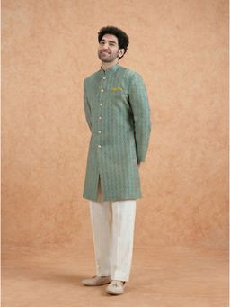KISAH - Men's Forest Green Silk Blend Jacquard Sherwani with Straight Leg Trouser