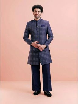 KISAH - Men's Navy Blue Jacquard Woven Design Sherwani with Straight Leg Trouser