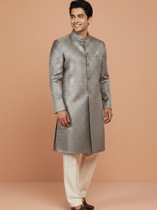 KISAH Men's Grey Jacquard Sherwani with Trouser