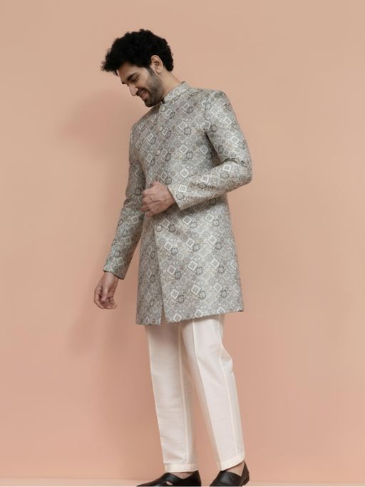 KISAH Men's Off White Jacquard Sherwani with Trouser
