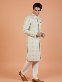 KISAH - Men's Cream Woven Design Sherwani with Trouser