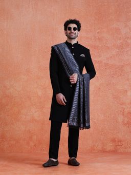 KISAH - Men's Black Polyester Solid Sherwani & Trouser With Dupatta