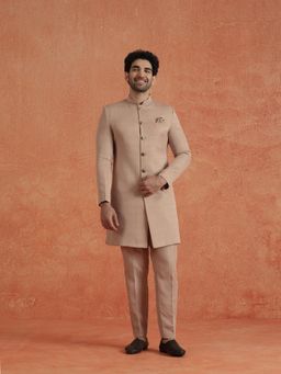 KISAH - Men's Beige Polyviscose Solid Indowestern Sherwani with Trouser