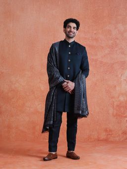 KISAH - Men's Teal Polyviscose Solid Sherwani & Trouser With Dupatta