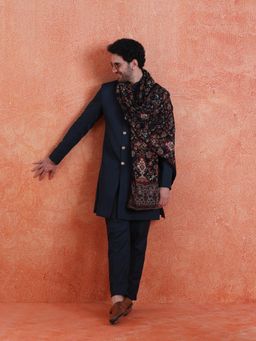 KISAH - Men's Blue Polyviscose Solid Sherwani & Trouser With Velvet Dupatta