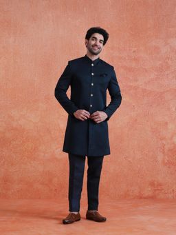KISAH - Men's Teal Polyviscose Solid Sherwani with Trouser