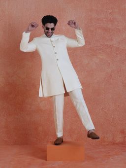 KISAH - Men's White Polyviscose Solid Sherwani with Trouser