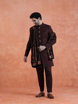 KISAH - Men's Wine Polyviscose Solid Sherwani & Trouser With Velvet Dupatta