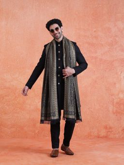 KISAH - Men's Black Polyviscose Solid Sherwani & Trouser With Dupatta