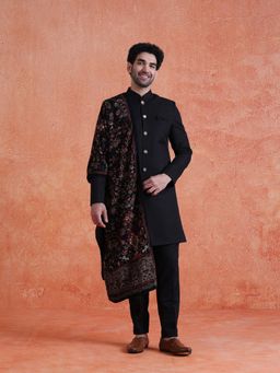 KISAH - Men's Black Polyviscose Solid Sherwani & Trouser With Printed Velvet Dupatta