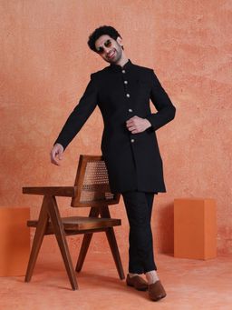 KISAH - Men's Black Polyviscose Solid Sherwani with Trouser