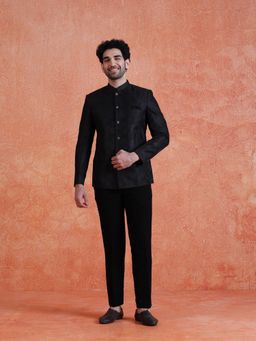 KISAH - Men's Black Silk Blend Jacquard Jodhpuri with Trouser