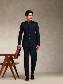 KISAH - Men's Navy Blue Poly Viscose Solid Jodhpuri with Trouser