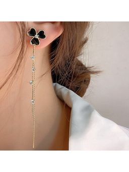 Yellow Chimes - Gold Tone Black Triple Heart Shape With Linear Long Chain Dangle Earring