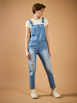 DOLCE CRUDO - Women Light Blue Mid Rise Regular Length Ripped Denim Dungaree