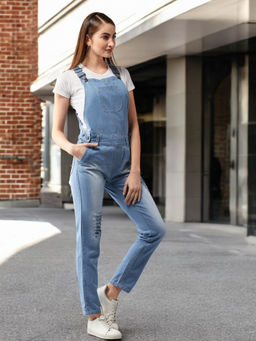 DOLCE CRUDO - Women Light Blue Mid Rise Regular Length Ripped Denim Dungaree