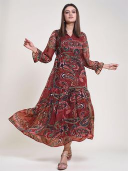 Twenty Dresses by Nykaa Fashion - Womens Brown Paisley Lurex Printed Maxi Tiered Dress