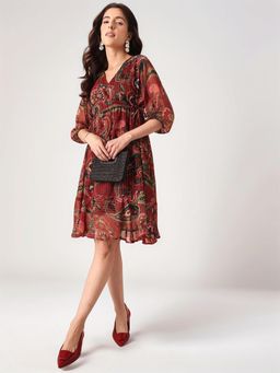 Twenty Dresses by Nykaa Fashion - Womens Brown Paisley Lurex Printed Knee Length Dress