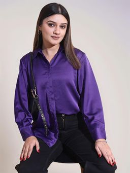 Twenty Dresses by Nykaa Fashion - Womens Purple Solid Oversized Armani Satin Shirt