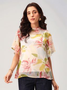 Twenty Dresses by Nykaa Fashion - Womens Off White Floral Lurex Printed Top with Inner