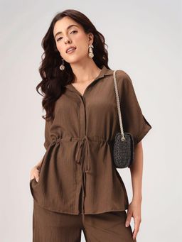 Twenty Dresses by Nykaa Fashion - Womens Kimono Sleeve Brown Textured Top