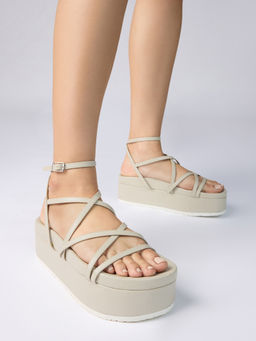 Twenty Dresses by Nykaa Fashion - Cream Round Toe Flatform Strappy Slider Sandals for Women