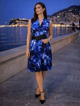 Zink London - Womens Blue Floral Short Dress with Belt