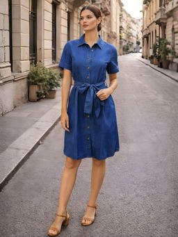 Zink London - Womens Blue Plain Knee Length Dress