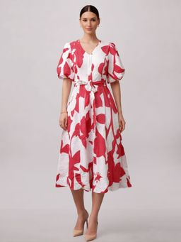 Zink London - Womens Multi-Color Floral Midi Dress with Belt