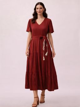 Zink London - Womens Maroon Plain Midi Dress
