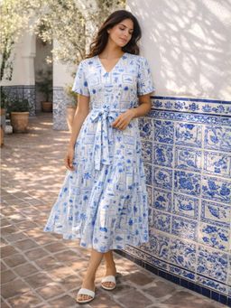 Zink London - Womens White Tropical Print Midi Dress with Belt